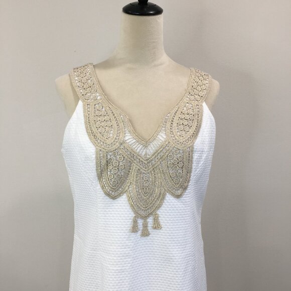 LILLY PULITZER White Gold Lace Applique Textured Sleeveless Shift/Sheath Dress - Picture 7 of 10